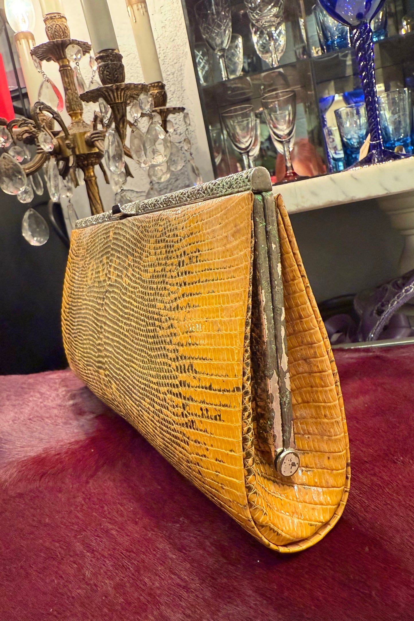 vintage bag マスタードカラー リザード革クラッチ