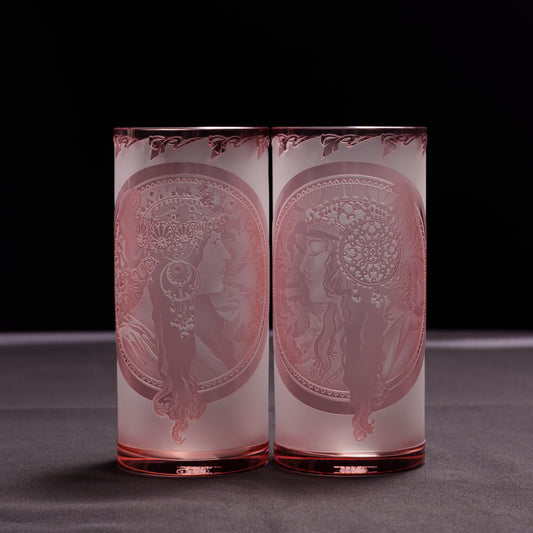 ミュシャ 宝石 サファイア＆ルビー 被せガラス サンドブラスト ペアグラス｜Capella チェコ製 ハンドメイド