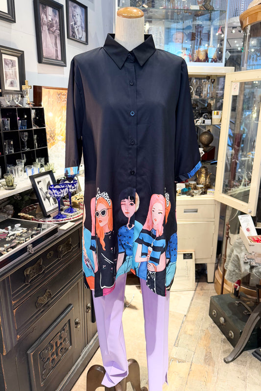 Lady柄　チュニック丈シャツBlack
