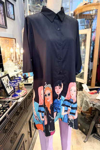 Lady柄　チュニック丈シャツBlack