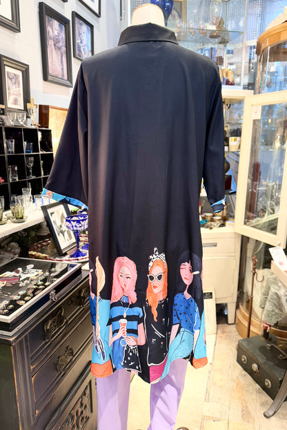 Lady柄　チュニック丈シャツBlack