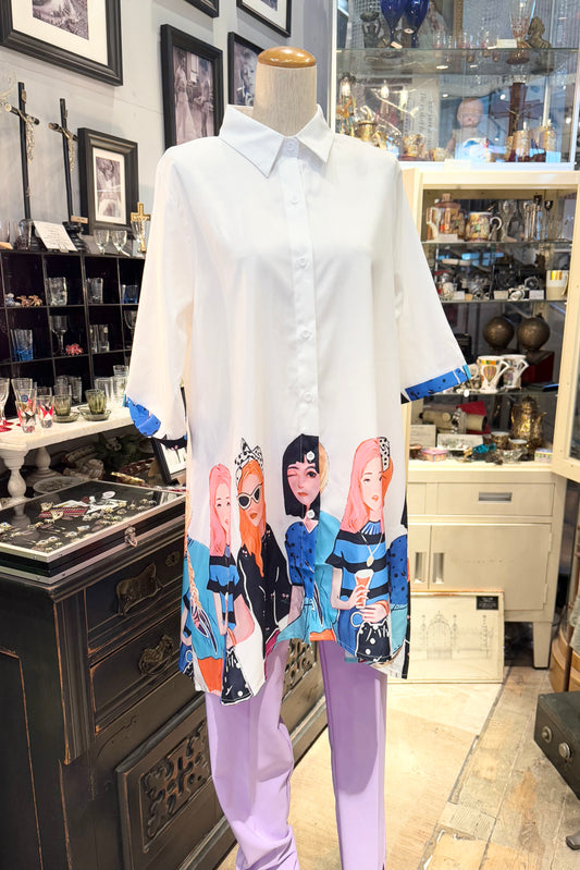 Lady柄　チュニック丈シャツwhite